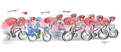 Cartoon of lycra-clad male cyclists whizzing past female on a bike with a kid on the back seat
