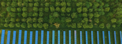 Aerial view of green landscape and solar panels