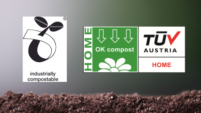 Two logos for compostable packaging. Info is in article