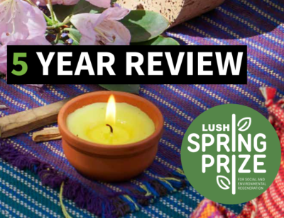 Imag of candle burning and words '5 year review Lush Spring Prize'