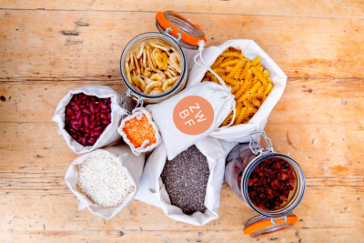 Top down view of cotton bags with loose dried food in