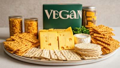 Platter with crackers and cheese with vegan label 