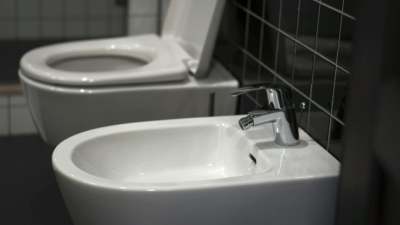 White toilet and bidet with black tile surround