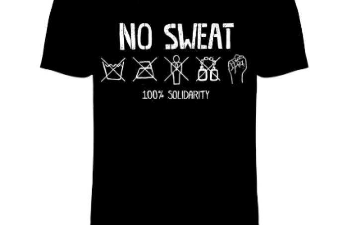 black t-shirt with wording 'no sweat, 100% solidarity' on it