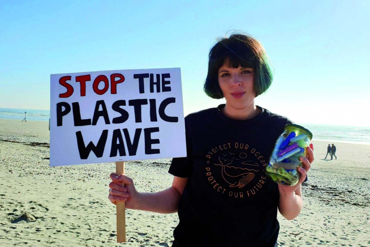 Image: ella daish campaigning for plastic free periods beach