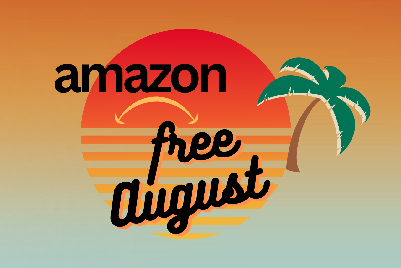 Amazon Free August text over image of sun and palm tree
