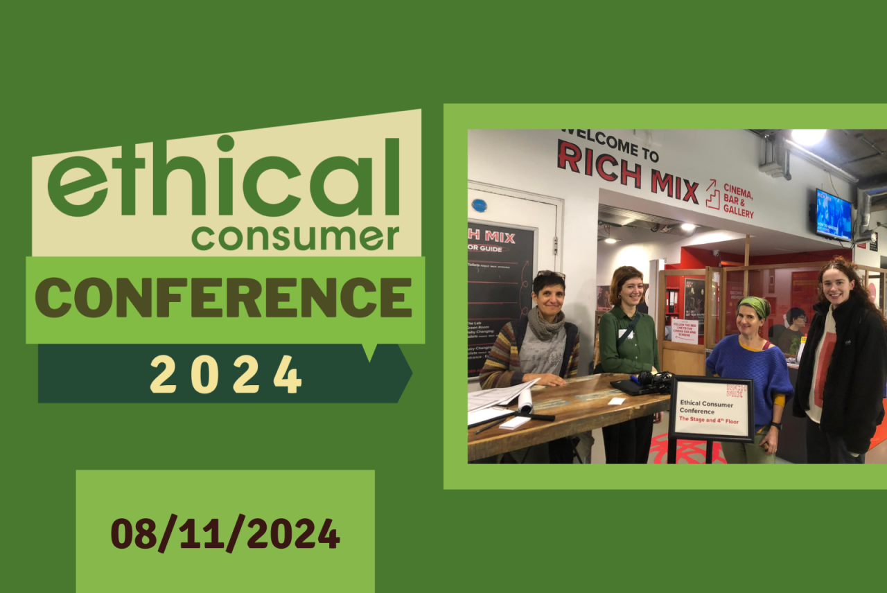 Ethical Consumer Conference 8th November 2024, with image of 4 people at conference